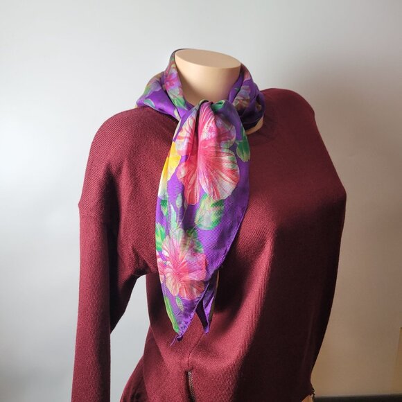 Echo Floral Hibiscus Purple Silk Scarf 34" X 34.75" - Picture 2 of 10
